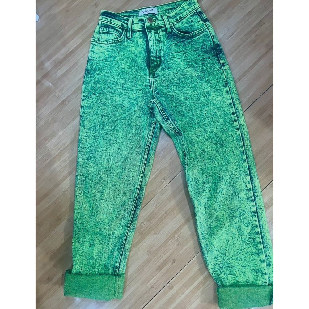 Vibrant Green Acid Wash Jeans High Rise Relaxed Straight Leg 90s Grunge Size 1